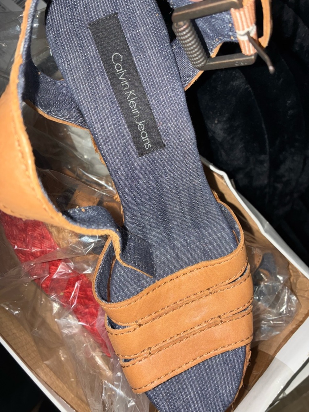 Calvin Klein Jeans Tan Leather and Navy Denim Open-Toe Sandals